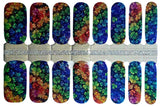 Nail art stickers with multicolored floral design on a white background