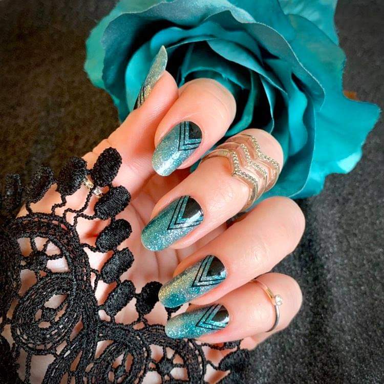 Gel nails with turquoise black and gold by Tamilee
